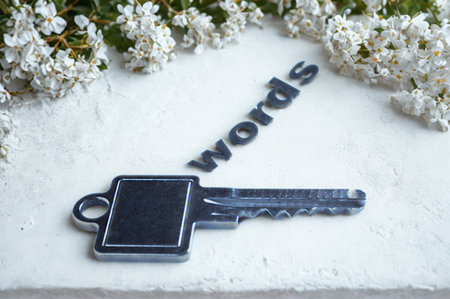 A dark key lies on a white surface with delicate white flowers. The word 'words' is written in black letters above the key.の写真素材