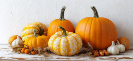 A rustic display of various pumpkins and gourds in different sizes and colors, perfect for fall decoration.の写真素材