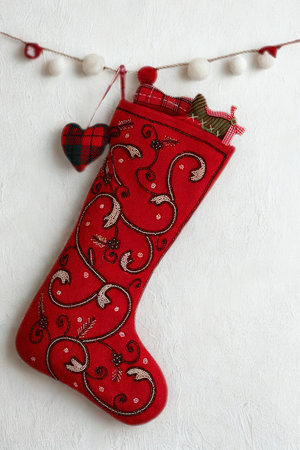 A vibrant red Christmas stocking with intricate gold and green swirling patterns hangs from a garland of pom-poms and small red ornaments.の写真素材