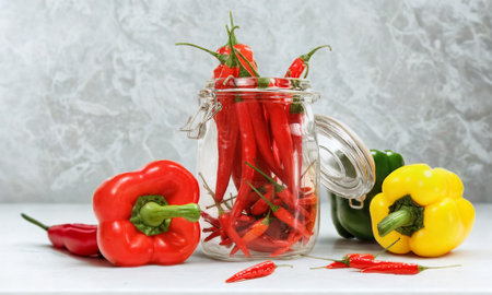 A glass jar filled with red chili peppers stands among fresh red, yellow, and green bell peppers and garlic cloves.の写真素材