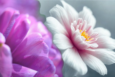 A dreamy, soft focus close-up showcases a delicate pink flower with a yellow center next to vibrant purple petals.の写真素材