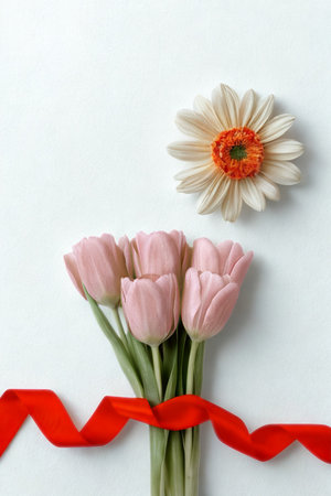 A delicate bouquet of light pink tulips is adorned with a vibrant red ribbon, accompanied by a single white daisy.の写真素材