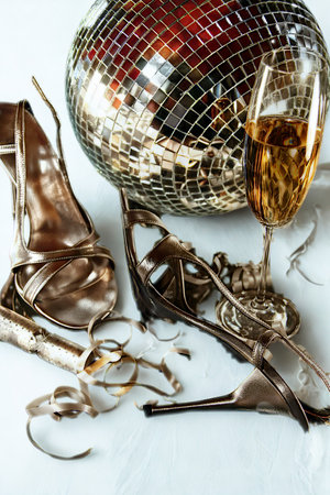 A glamorous scene with a reflective disco ball, a glass of champagne, and metallic party shoes, evoking a celebratory atmosphere.の写真素材