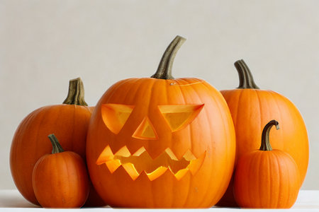 A group of carved and uncarved pumpkins of various sizes are displayed on a white surface against a light background.の写真素材
