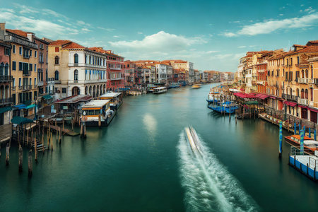 A scenic view of the Grand Canal in Venice, Italy, with traditional buildings lining the waterway and boats navigating the turquoise waters.の写真素材