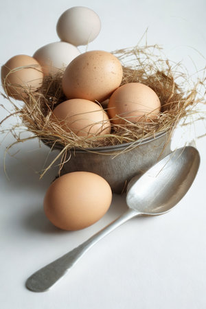 A collection of natural, brown eggs are artfully arranged in a woven nest within a distressed metal bowl, accompanied by an antique spoon.の写真素材
