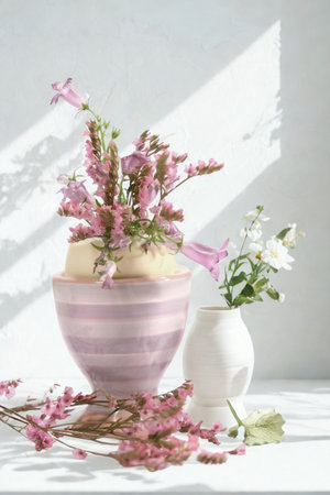 Softly lit still life featuring two vases filled with delicate pink and white flowers, casting gentle shadows.の写真素材