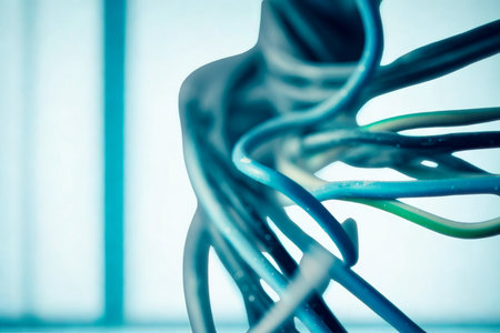 A close-up, abstract view of intertwined electrical wires in shades of blue and green, suggesting complexity and connection.の写真素材