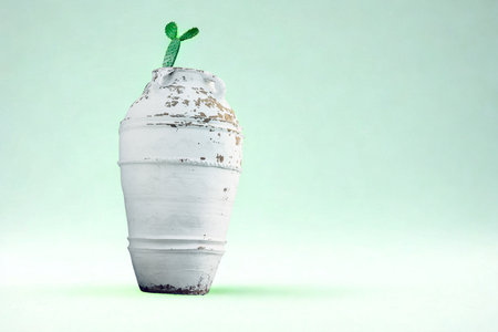 A single, tall, white object stands against a pale green background, adorned with a small green sprout.の写真素材