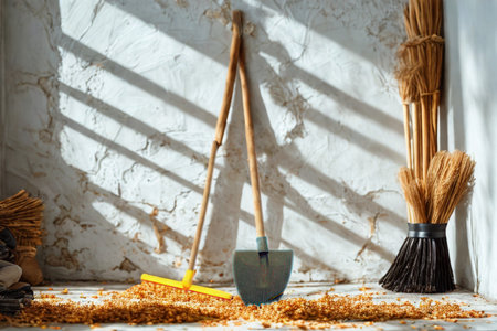 Traditional brooms and a shovel rest against a weathered wall, bathed in dramatic sunlight and shadow patterns.の写真素材