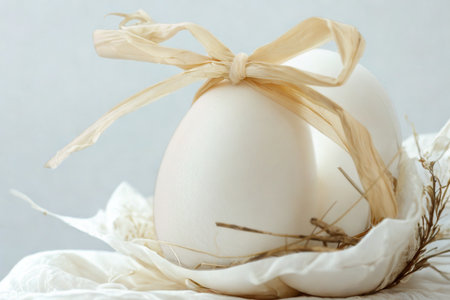 A single, pale egg sits nestled in soft, textured material, tied with a delicate, light-colored...