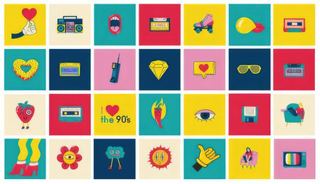 Set of flat icons on the theme of 90s. Vector illustration