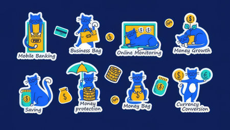 Set of vector stickers with cats and money. Collection of stickers with cats and money