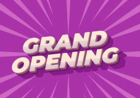 Bright and colorful grand opening sign with bold letters and vibrant purple background