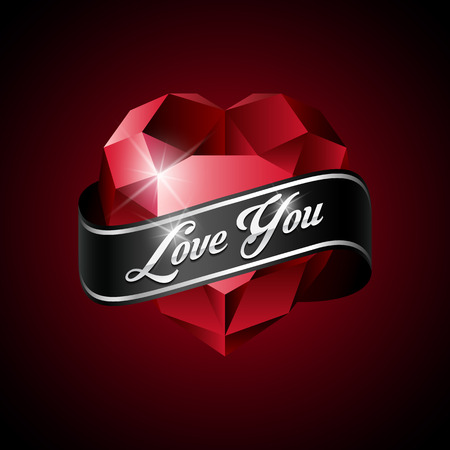 Shiny red ruby heart with black ribbon on dark background.のイラスト素材
