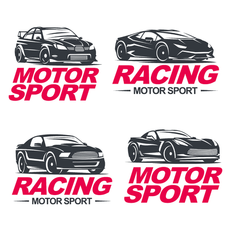 Set of four sport cars , badge illustration on white background. Drag racing, Tuning, Motor Sport.のイラスト素材