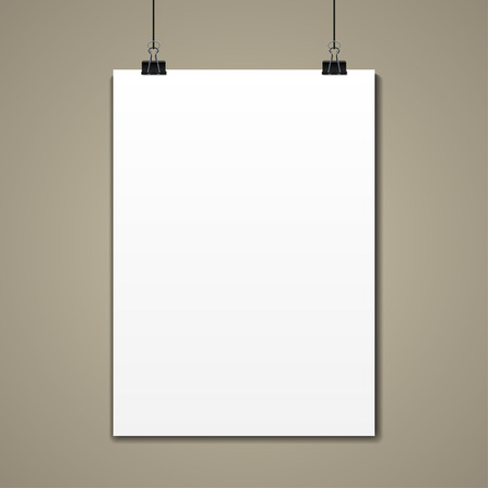 Empty vector paper frame mockup hanging with paper clip on gold background.のイラスト素材