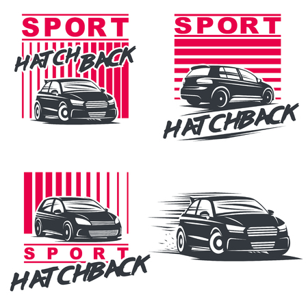 Set of four sport cars, badge illustration on white background.Drift, Drag racing, Tuning, Motor Sport.のイラスト素材