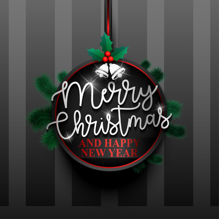 Merry Christmas paper card, badge, label, banner. Merry Christmas Holiday background with spruce twigs. Merry Christmas and Happy New Year for your site, design, poster. Vector illustration EPS10.のイラスト素材