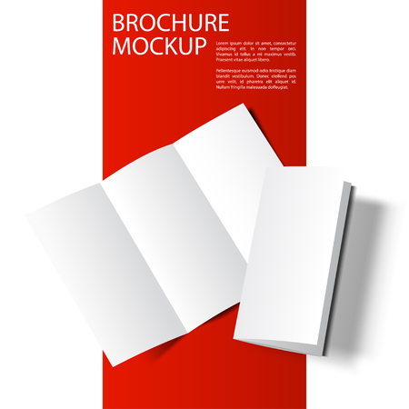 Blank tri fold cover flyer on red and white background. 3D illustration with soft shadows. Vector EPS10 illustration. Red Line series.のイラスト素材