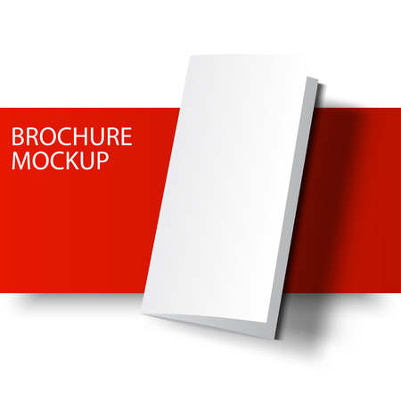 Blank tri fold cover flyer on red and white background. 3D illustration with soft shadows. Vector EPS10 illustration. Red Line series.のイラスト素材