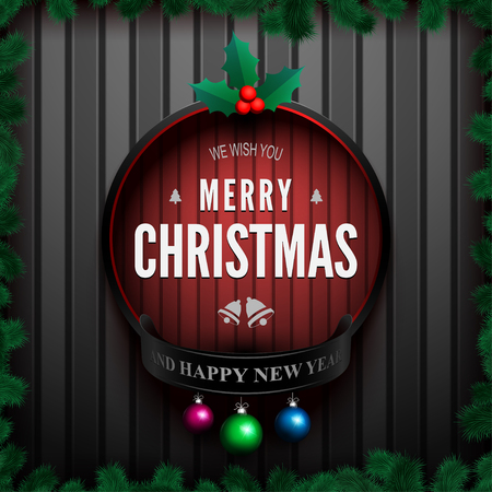 Vector Christmas and new year wishes on card. Christmas related ornaments objects on color background. Ready for your design, website, advertising. Vector Illustration.のイラスト素材