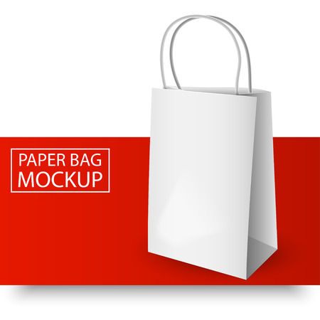 White paper bag mockup with handles for branding on red and white background. Vector A4 mockup isolated on red and white background. Red Line series. Ready for your design. Vector Illustration.のイラスト素材
