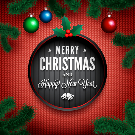 Merry Christmas and Happy New Year message on knitted pattern with pine branch around. Christmas related ornaments objects on color background. Ready for your design. Vector Illustration.のイラスト素材