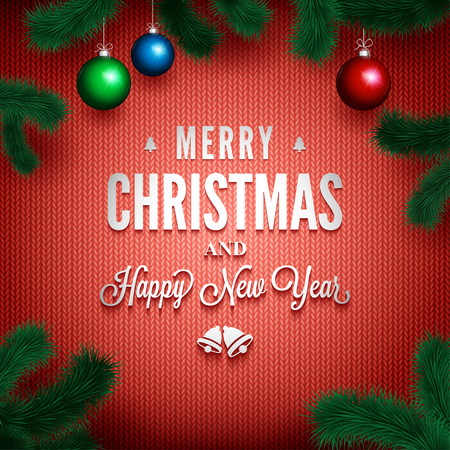Merry Christmas and Happy New Year message on knitted pattern with pine branch around. Christmas related ornaments objects on color background. Ready for your design. Vector Illustration.のイラスト素材
