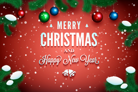 Merry Christmas and Happy New Year message on knitted pattern with pine branch around. Christmas related ornaments objects on color background. Ready for your design. Vector illustration.のイラスト素材