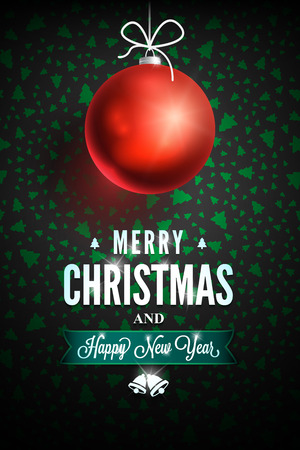 Merry Christmas and Happy New Year message on dark background. Christmas related ornaments objects on color background. Greeting Card Ready for your design. Vector Illustration.のイラスト素材