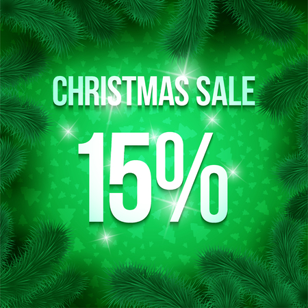 Christmas sale sign vector label 15 percent sale with fir tree branches with green ornament  background. Winter sale. Greeting Card Ready for your design. Vector Illustration.のイラスト素材