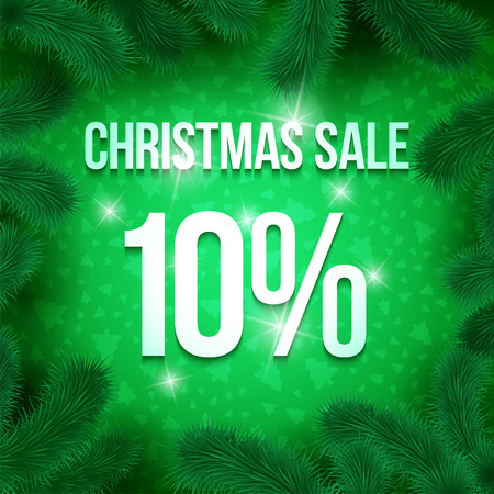 Christmas sale sign vector label 10 percent sale with fir tree branches with green ornament  background. Winter sale. Greeting Card Ready for your design. Vector Illustration.のイラスト素材