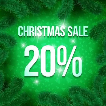Christmas sale sign vector label 20 percent sale with fir tree branches with green ornament  background. Winter sale. Greeting Card Ready for your design. Vector Illustration.のイラスト素材