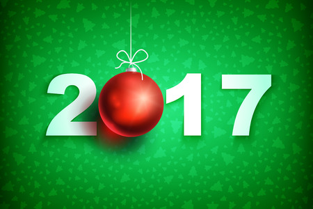 Happy New Year 2017 on green background. Christmas related ornaments objects on color background. Greeting Card Ready for your design. Vector Illustration.のイラスト素材