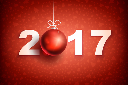 Happy New Year 2017 on red background. Christmas related ornaments objects on color background. Greeting Card Ready for your design. Vector Illustration.のイラスト素材