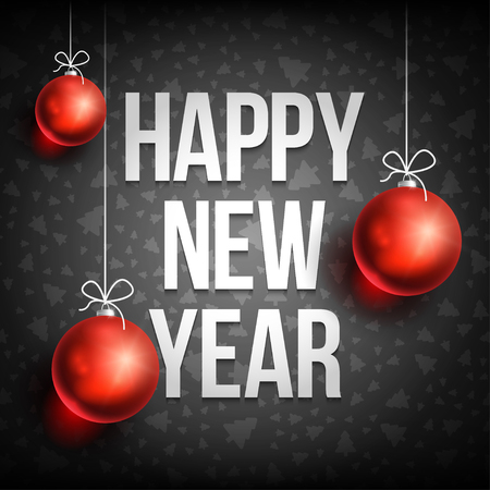Happy New Year with christmas ball on dark background. Christmas related ornaments objects on color background. Greeting Card Ready for your design. Vector Illustration.のイラスト素材