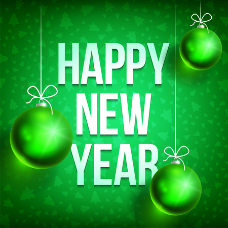 Happy New Year with christmas ball on green background. Christmas related ornaments objects on color background. Greeting Card Ready for your design. Vector Illustration.のイラスト素材