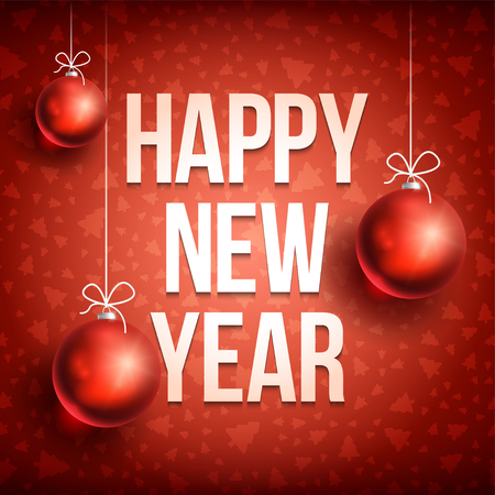 Happy New Year with christmas ball on red background. Christmas related ornaments objects on color background. Greeting Card Ready for your design. Vector Illustration.のイラスト素材