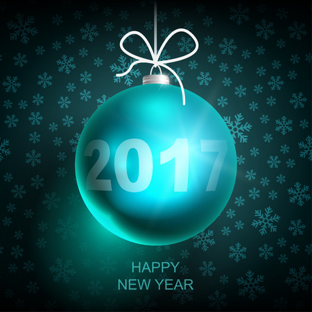 Happy New Year 2017 Christmas Blue Ball on dark background with snowflakes. Christmas related ornaments objects on color background. Greeting Card Ready for your design. Vector Illustration.のイラスト素材