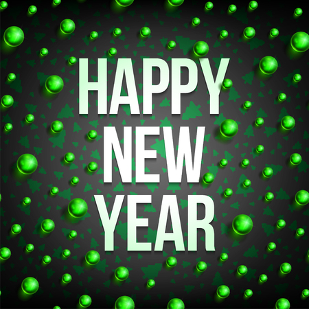 Happy New Year with christmas ball on dark background. Christmas related ornaments objects on color background. Greeting Card Ready for your design. Vector Illustration.のイラスト素材