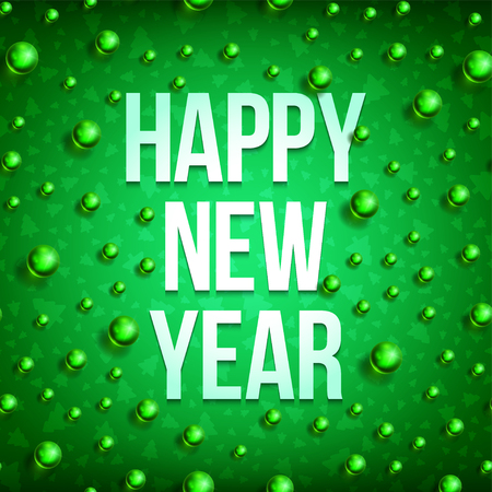 Happy New Year with christmas ball on green background. Christmas related ornaments objects on color background. Greeting Card Ready for your design. Vector Illustration.のイラスト素材
