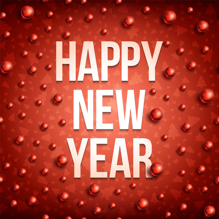 Happy New Year with christmas ball on red background. Christmas related ornaments objects on color background. Greeting Card Ready for your design. Vector Illustration.のイラスト素材