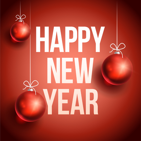 Happy New Year with christmas ball on red background. Christmas related ornaments objects on color background. Greeting Card Ready for your design. Vector Illustration.のイラスト素材