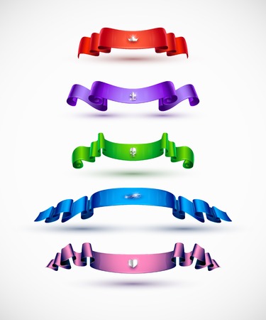 Luxury ribbons banners colorful  set on white background. Luxurious Tape set ready for your design. Ribbon green, blue, pink, purple and red color. Vector Illustration.のイラスト素材