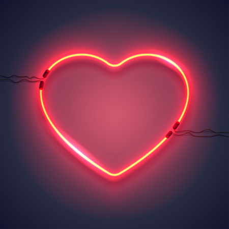 Bright heart. Neon sign. Retro neon heart sign on purple background. Design element for Happy Valentine's Day. Ready for your design, greeting card, banner. Vector illustration.のイラスト素材
