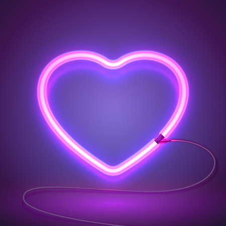 Bright heart. Neon sign. Retro neon heart sign on purple background. Design element for Happy Valentine's Day. Ready for your design, greeting card, banner. Vector illustration.のイラスト素材