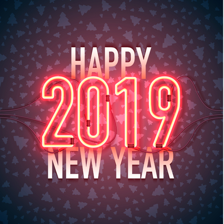 Happy New Year with neon sign 2019 on dark background. Christmas related ornaments objects on color background. Greeting Card Ready for your design. Vector Illustration.のイラスト素材
