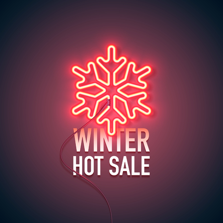 Bright heart. Neon sign. Retro neon Winter Hot Sale sign on purple background. Design element for your discount proposition. Ready for your design, banner. Vector illustration.のイラスト素材