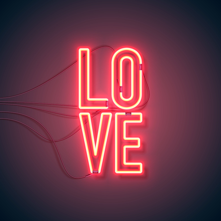 Bright heart. Neon sign. Retro neon Love sign on purple background. Design element for Happy Valentine's Day. Ready for your design, greeting card, banner. Vector illustration.のイラスト素材